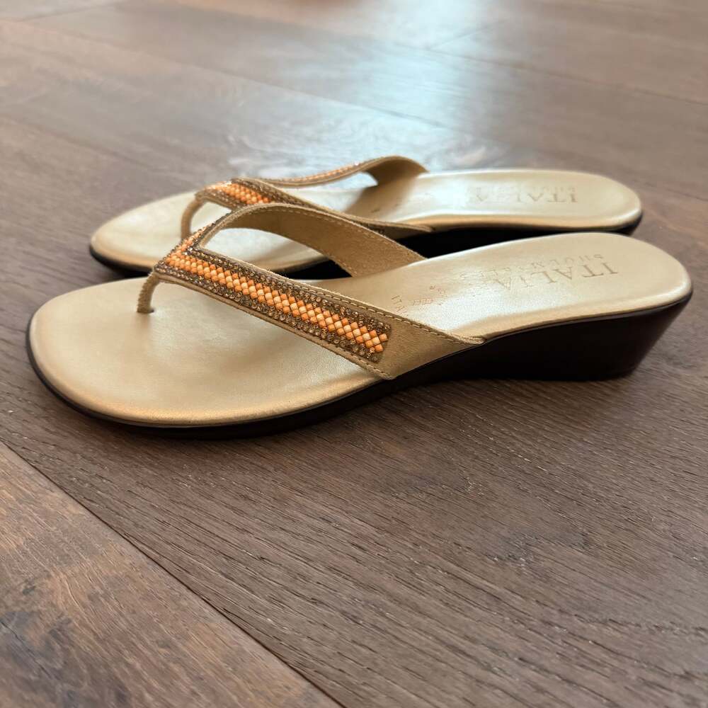 Italian Shoemakers Wedge Sandal Woven Beaded Strap Thong Flip Flop - Sz 8, New! - Picture 3 of 6